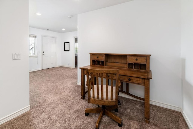 office space featuring carpet floors, recessed lighting, and baseboards