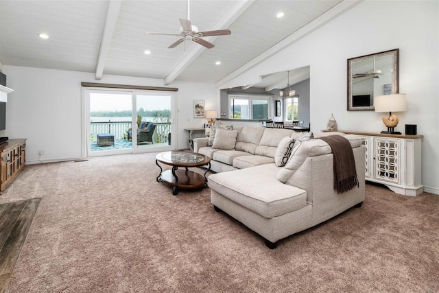 living room featuring a ceiling fan, recessed lighting, carpet, baseboards, and wooden ceiling