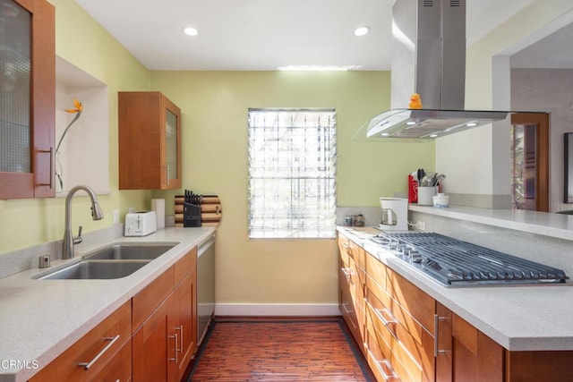 4129 Marmion Way, Los Angeles, CA 90065 - kitchen featuring extractor fan, a sink, stainless steel appliances, baseboards, and dark wood-type flooring