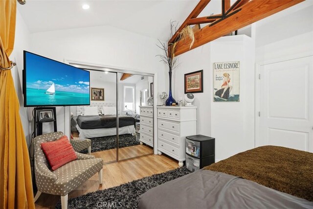 385 Mermaid, Laguna Beach, CA 92651 - bedroom with wood finished floors, vaulted ceiling, and a closet