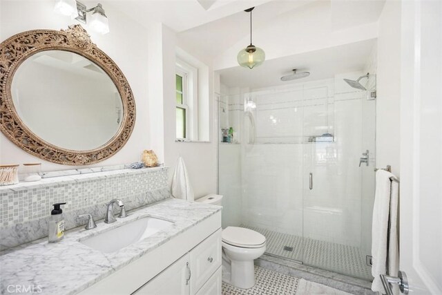 385 Mermaid, Laguna Beach, CA 92651 - bathroom with a stall shower, toilet, vanity, decorative backsplash, and tile patterned floors