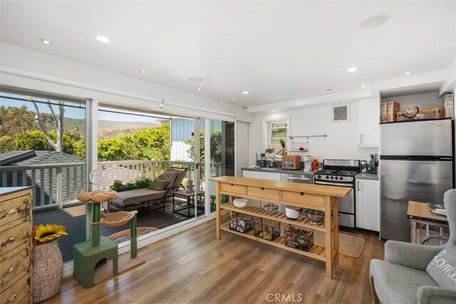 385 Mermaid, Laguna Beach, CA 92651 - kitchen featuring appliances with stainless steel finishes, white cabinetry, wood finished floors, and recessed lighting