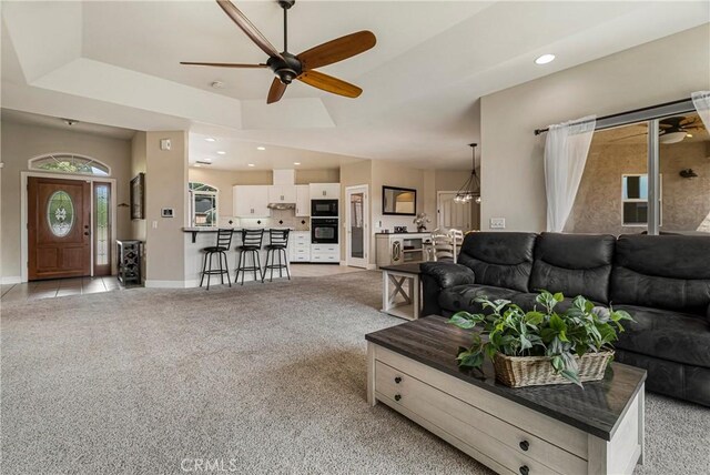 6 Vintage Ct, Chico, CA 95973 - living room featuring a ceiling fan, light colored carpet, and recessed lighting