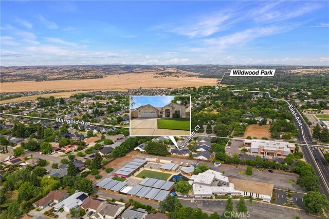 6 Vintage Ct, Chico, CA 95973 - aerial view of property and surrounding area with property boundaries highlighted and nearby suburban area