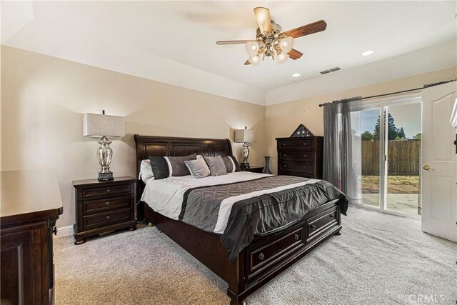 6 Vintage Ct, Chico, CA 95973 - bedroom featuring light colored carpet, access to outside, recessed lighting, and a ceiling fan