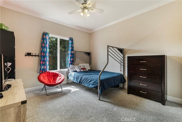 6 Vintage Ct, Chico, CA 95973 - bedroom with carpet, crown molding, and ceiling fan