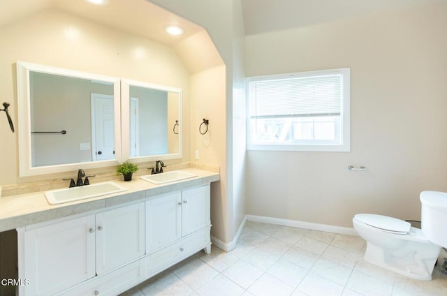 385 Spruce Dr, Lake Arrowhead, CA 92352 - bathroom with double vanity, lofted ceiling, and tile patterned floors