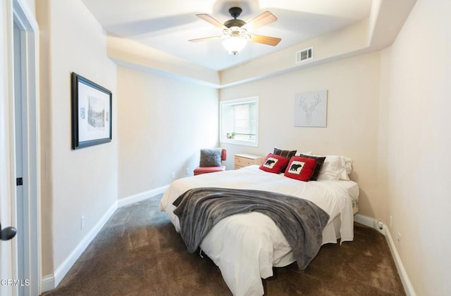 385 Spruce Dr, Lake Arrowhead, CA 92352 - carpeted bedroom with a ceiling fan and a tray ceiling