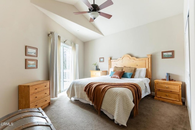 385 Spruce Dr, Lake Arrowhead, CA 92352 - carpeted bedroom with vaulted ceiling, access to outside, and ceiling fan