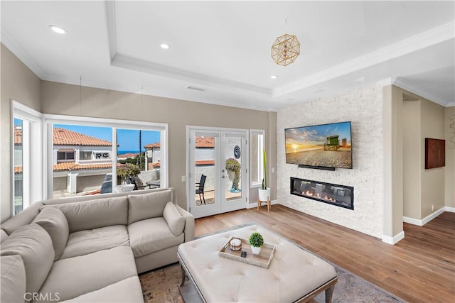 65 Centre Ct, Dana Point, CA 92629 - living area with crown molding, a raised ceiling, a fireplace, wood finished floors, and baseboards