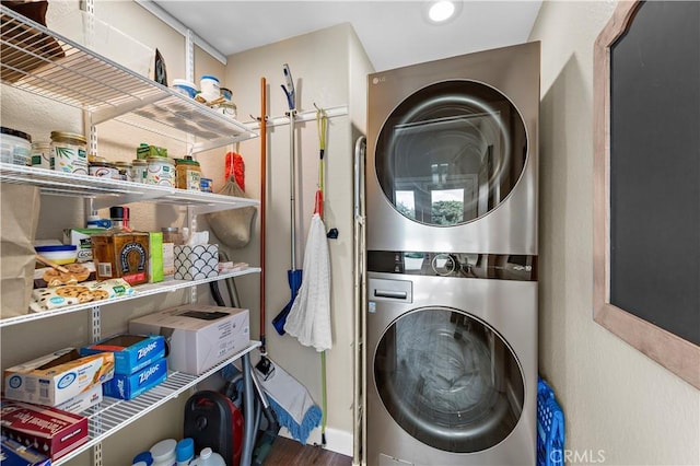 65 Centre Ct, Dana Point, CA 92629 - washroom featuring stacked washer / drying machine and wood finished floors