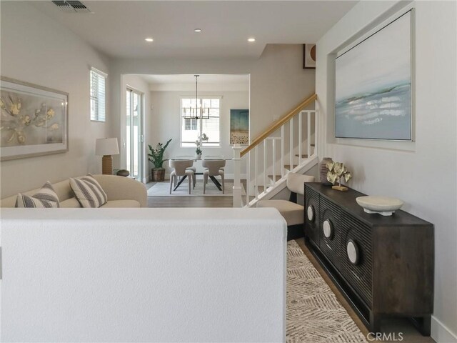 619 E Walnut, Monrovia, CA 91016 - living area with a chandelier, stairs, recessed lighting, and baseboards