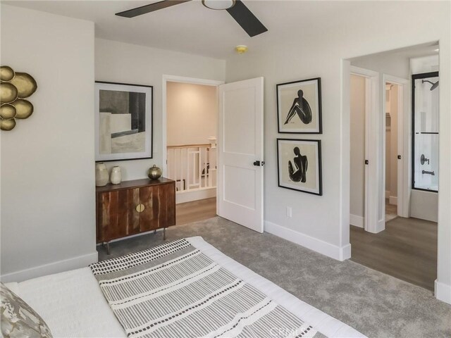 619 E Walnut, Monrovia, CA 91016 - carpeted bedroom with baseboards, ensuite bath, and a ceiling fan
