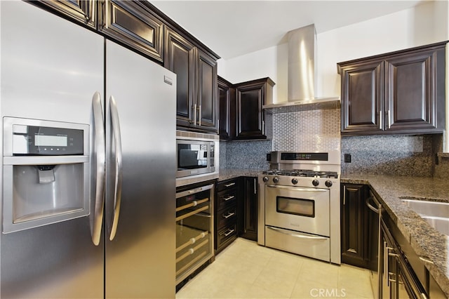 3750 Santa Rosalia Dr Unit 614, Los Angeles, CA 90008 - kitchen with stainless steel appliances, wall chimney range hood, wine cooler, dark stone countertops, and tasteful backsplash