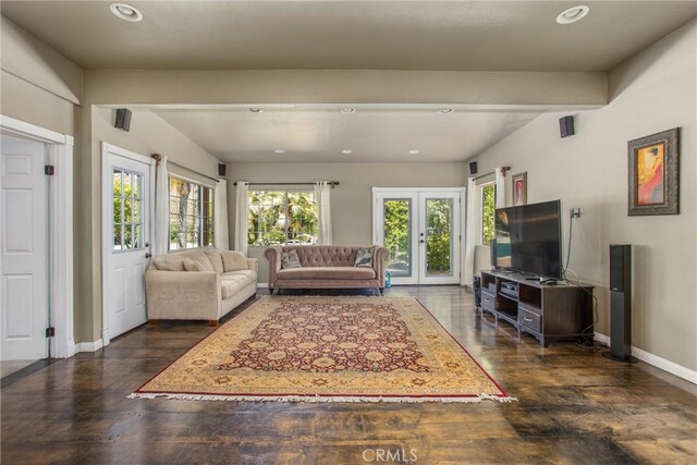 11425 Bryant St, Yucaipa, CA 92399 - living room with plenty of natural light, recessed lighting, french doors, baseboards, and dark wood-style flooring