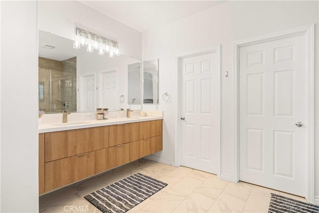 23911 Brio Ct, Valencia, CA 91354 - bathroom featuring marble finish floors, a stall shower, and double vanity