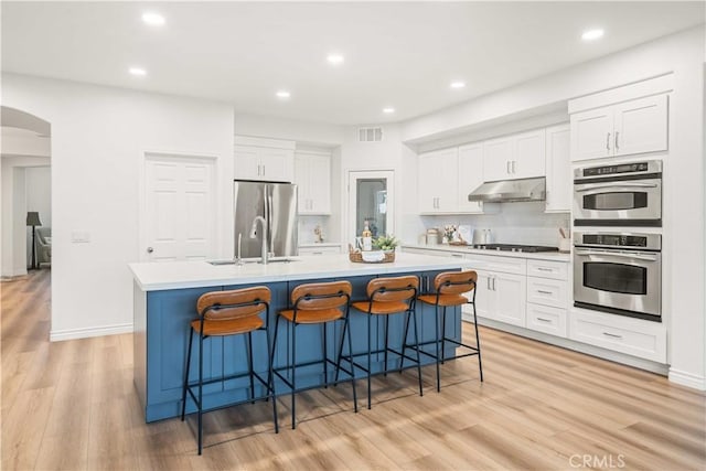 23911 Brio Ct, Valencia, CA 91354 - kitchen featuring under cabinet range hood, appliances with stainless steel finishes, arched walkways, light wood finished floors, and a sink