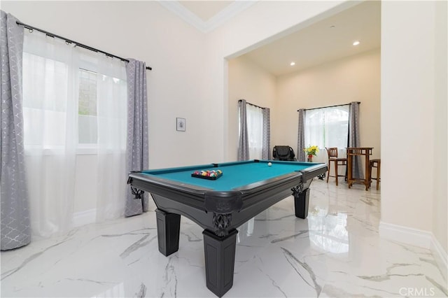 451 Avenida Esplendor, Walnut, CA 91789 - game room featuring marble tiled floors, billiards table, recessed lighting, crown molding, and baseboards