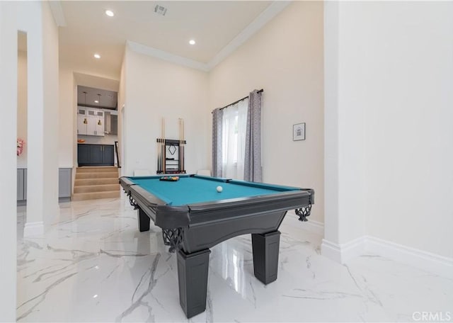 451 Avenida Esplendor, Walnut, CA 91789 - rec room featuring marble tiled flooring, billiards, recessed lighting, crown molding, and baseboards