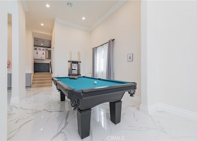 451 Avenida Esplendor, Walnut, CA 91789 - game room featuring marble tiled floors, billiards table, recessed lighting, and crown molding