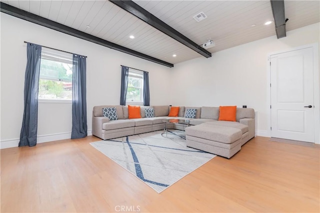 451 Avenida Esplendor, Walnut, CA 91789 - living area featuring beamed ceiling, wood finished floors, baseboards, wood ceiling, and recessed lighting