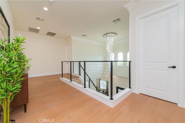 451 Avenida Esplendor, Walnut, CA 91789 - corridor featuring an upstairs landing, wood finished floors, ornamental molding, recessed lighting, and baseboards