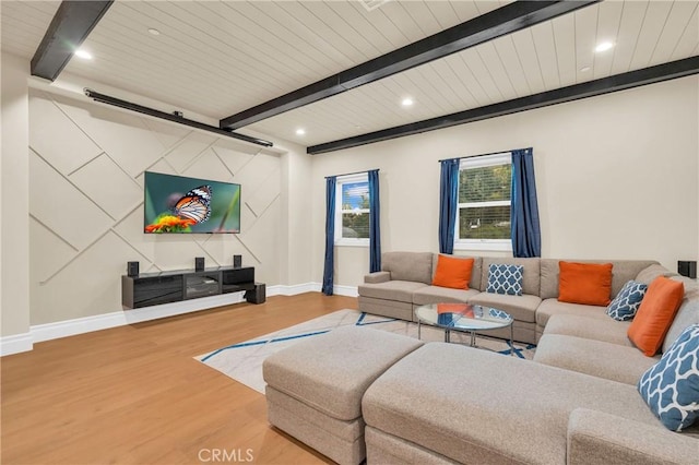 451 Avenida Esplendor, Walnut, CA 91789 - living room with a barn door, wood finished floors, recessed lighting, and a wooden ceiling with exposed beams