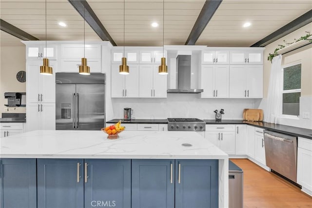 451 Avenida Esplendor, Walnut, CA 91789 - kitchen featuring appliances with stainless steel finishes, wall chimney range hood, beam ceiling, white cabinetry, and glass insert cabinets