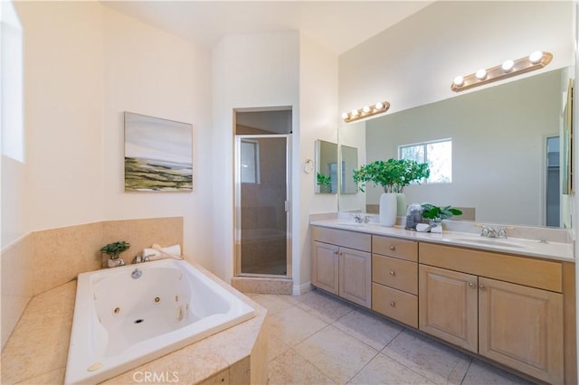 338 Calle Vis, Walnut, CA 91789 - full bath with a shower stall, double vanity, a tub with jets, and tile patterned flooring
