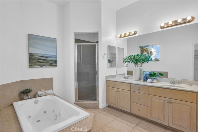 338 Calle Vis, Walnut, CA 91789 - full bathroom featuring a shower stall, double vanity, a jetted tub, and tile patterned flooring
