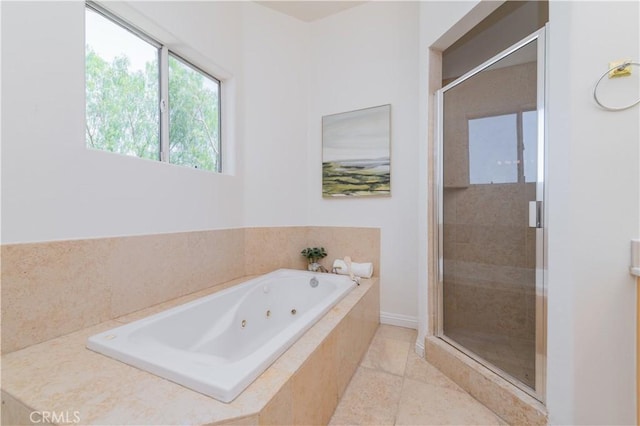 338 Calle Vis, Walnut, CA 91789 - bathroom featuring a shower stall, a tub with jets, and tile patterned floors
