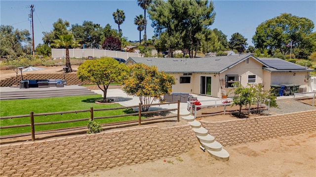 3263 Green Canyon Rd, Fallbrook, CA 92028 - ranch-style house with an outdoor hangout area, a patio, fence, and stucco siding