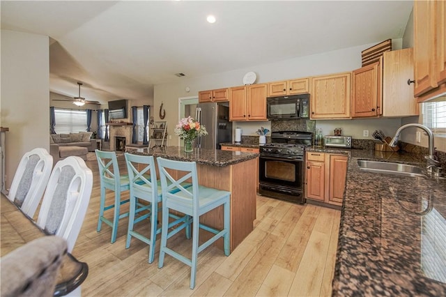 3263 Green Canyon Rd, Fallbrook, CA 92028 - kitchen with black appliances, a sink, a kitchen island, light wood-style flooring, and open floor plan