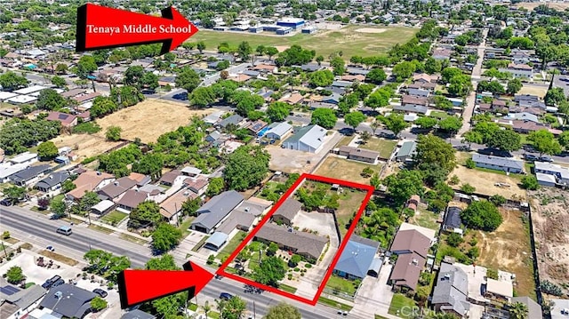 442 R St, Merced, CA 95341 - aerial perspective of suburban area with property parcel outlined
