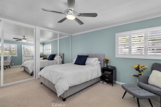 3602 S Walker Ave, San Pedro, CA 90731 - bedroom with carpet flooring, multiple windows, ornamental molding, baseboards, and ceiling fan