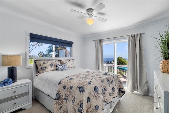 3602 S Walker Ave, San Pedro, CA 90731 - bedroom featuring access to outside, light carpet, multiple windows, crown molding, and ceiling fan