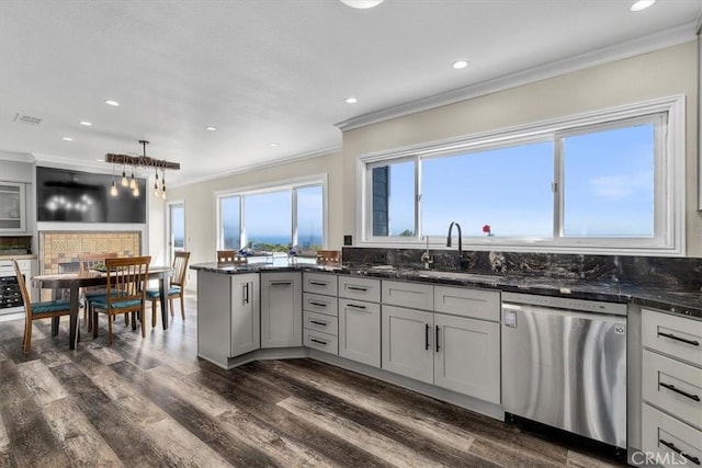 3602 S Walker Ave, San Pedro, CA 90731 - kitchen with dishwasher, a sink, ornamental molding, dark wood-type flooring, and dark stone counters