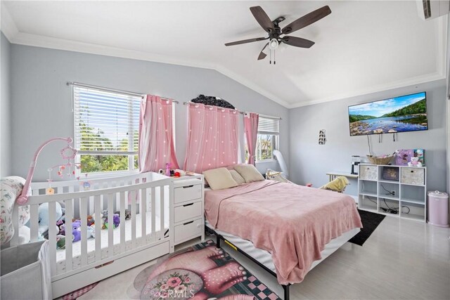 2 Corte Lateuza, Lake Elsinore, CA 92532 - bedroom featuring lofted ceiling, ornamental molding, and ceiling fan