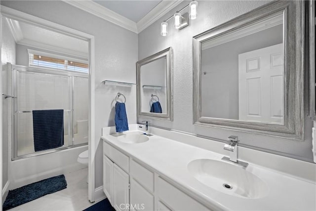 2 Corte Lateuza, Lake Elsinore, CA 92532 - full bathroom with toilet, double vanity, bath / shower combo with glass door, and crown molding