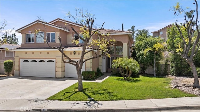 2 Corte Lateuza, Lake Elsinore, CA 92532 - view of front of property featuring stucco siding, a tile roof, a garage, a front lawn, and driveway
