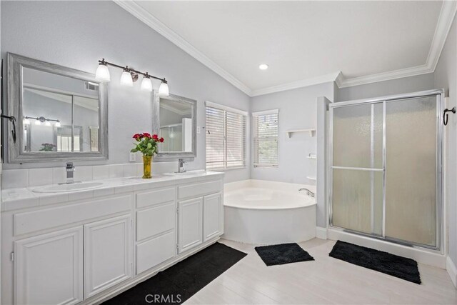 2 Corte Lateuza, Lake Elsinore, CA 92532 - full bath with a shower stall, a garden tub, double vanity, ornamental molding, and wood finished floors