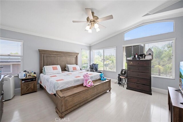 2 Corte Lateuza, Lake Elsinore, CA 92532 - bedroom with lofted ceiling, baseboards, multiple windows, light wood-style flooring, and a ceiling fan