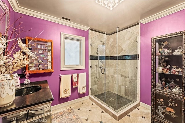 4960 Densmore Ave, Encino, CA 91436 - full bath featuring a stall shower, baseboards, vanity, and crown molding