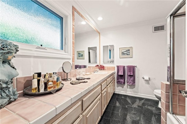 4960 Densmore Ave, Encino, CA 91436 - bathroom featuring vanity, ornamental molding, toilet, baseboards, and recessed lighting