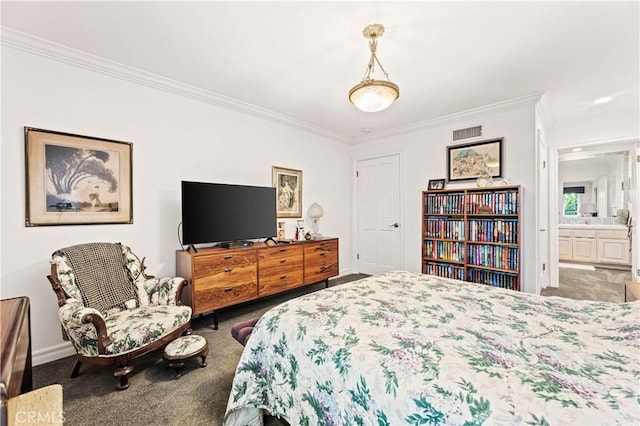 4960 Densmore Ave, Encino, CA 91436 - carpeted bedroom featuring crown molding, baseboards, and connected bathroom