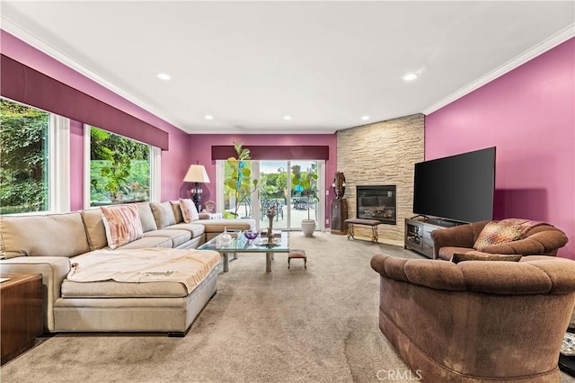 4960 Densmore Ave, Encino, CA 91436 - living area featuring carpet, ornamental molding, recessed lighting, and a fireplace
