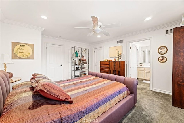 4960 Densmore Ave, Encino, CA 91436 - bedroom featuring carpet, crown molding, a ceiling fan, baseboards, and recessed lighting