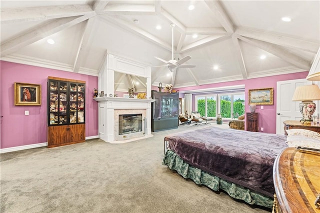 4960 Densmore Ave, Encino, CA 91436 - bedroom featuring carpet flooring, a fireplace with flush hearth, recessed lighting, baseboards, and ornamental molding