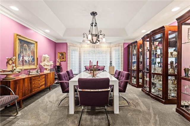 4960 Densmore Ave, Encino, CA 91436 - dining area with carpet floors, a tray ceiling, a chandelier, recessed lighting, and ornamental molding