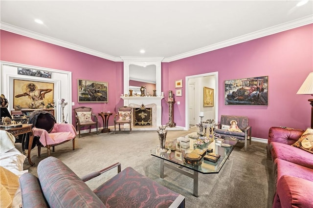 4960 Densmore Ave, Encino, CA 91436 - carpeted living room featuring ornamental molding, baseboards, and recessed lighting